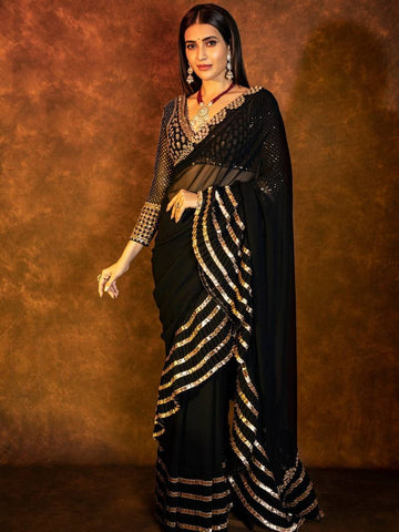 Premium Black Faux Georgette Saree with 5MM Sequins & Mirror Lace