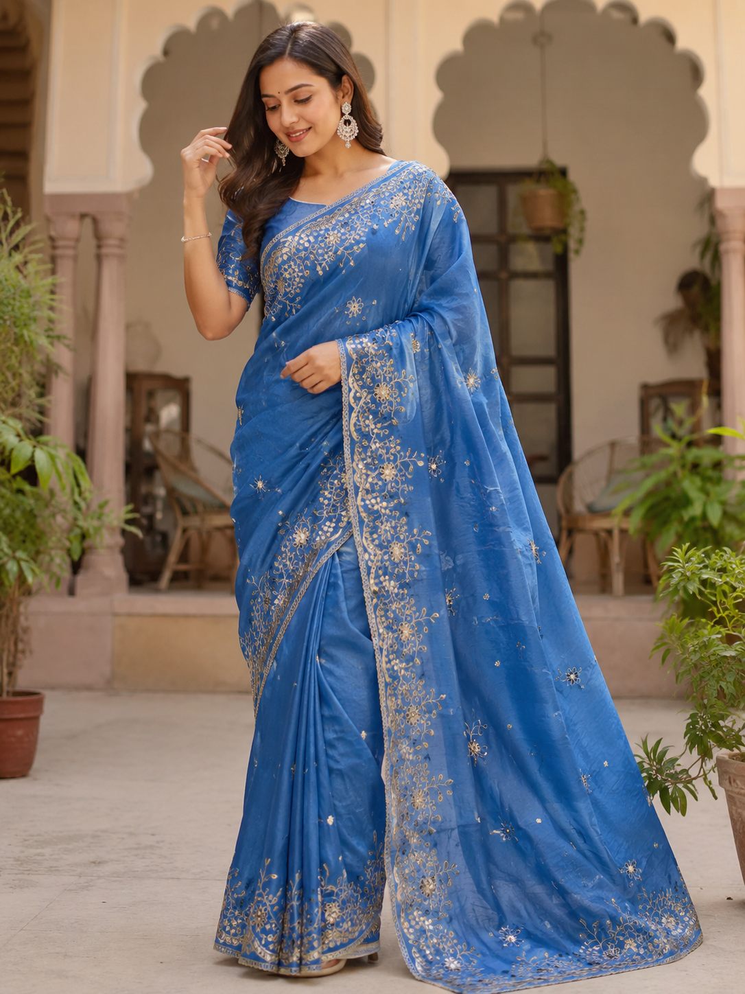 Pure Gold Crush Saree with Designer C-Pallu & Gota Foil Embroidery
