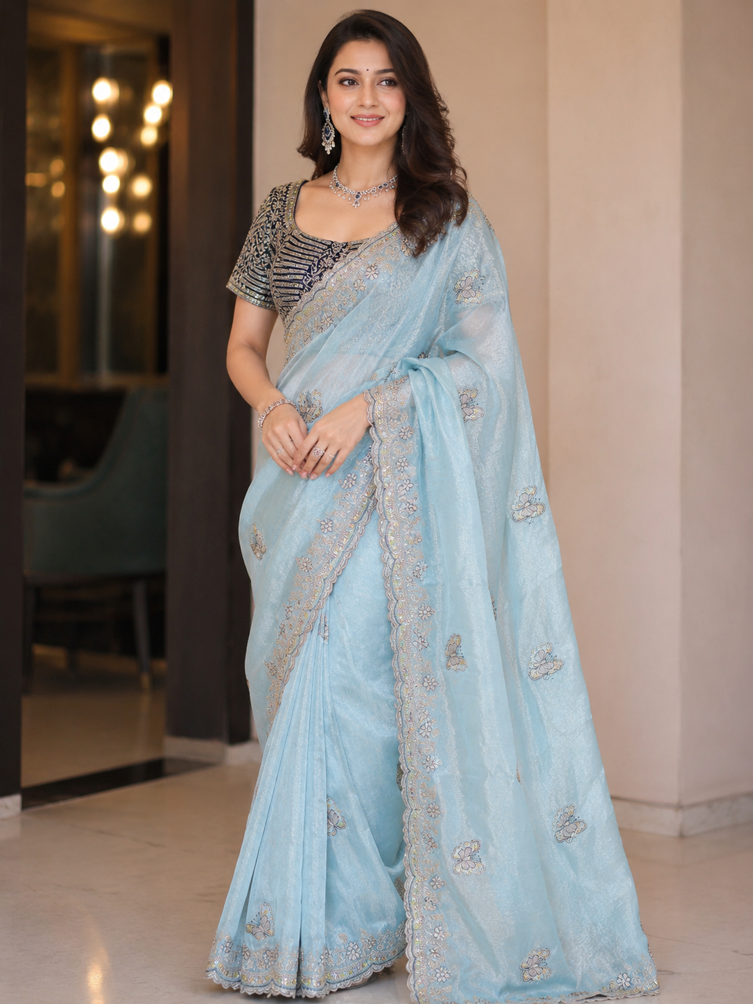 Premium Soft Net Saree with Elegant Sequins Embroidery Work & Designer Net Blouse | Party Wear, Wedding & Festive Collection