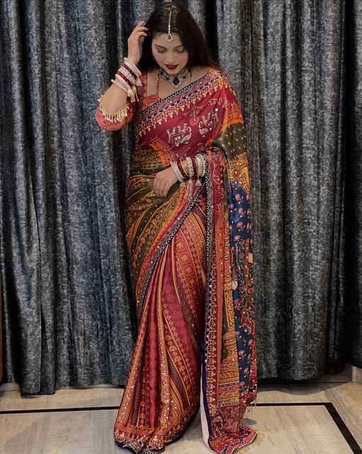 Viral Rashmika Mandana's Soft Japan Satin Mirror Work Saree Traditional Designer Print