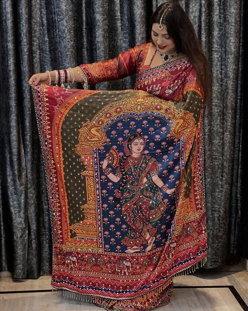Viral Rashmika Mandana's Soft Japan Satin Mirror Work Saree Traditional Designer Print