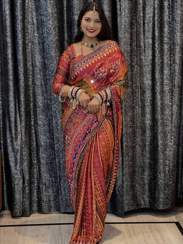 Viral Rashmika Mandana's Soft Japan Satin Mirror Work Saree Traditional Designer Print