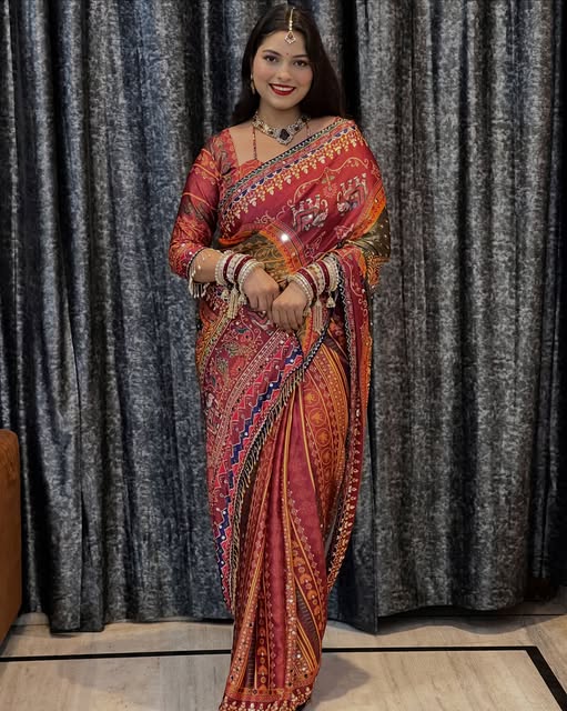Viral Rashmika Mandana's Soft Japan Satin Mirror Work Saree Traditional Designer Print