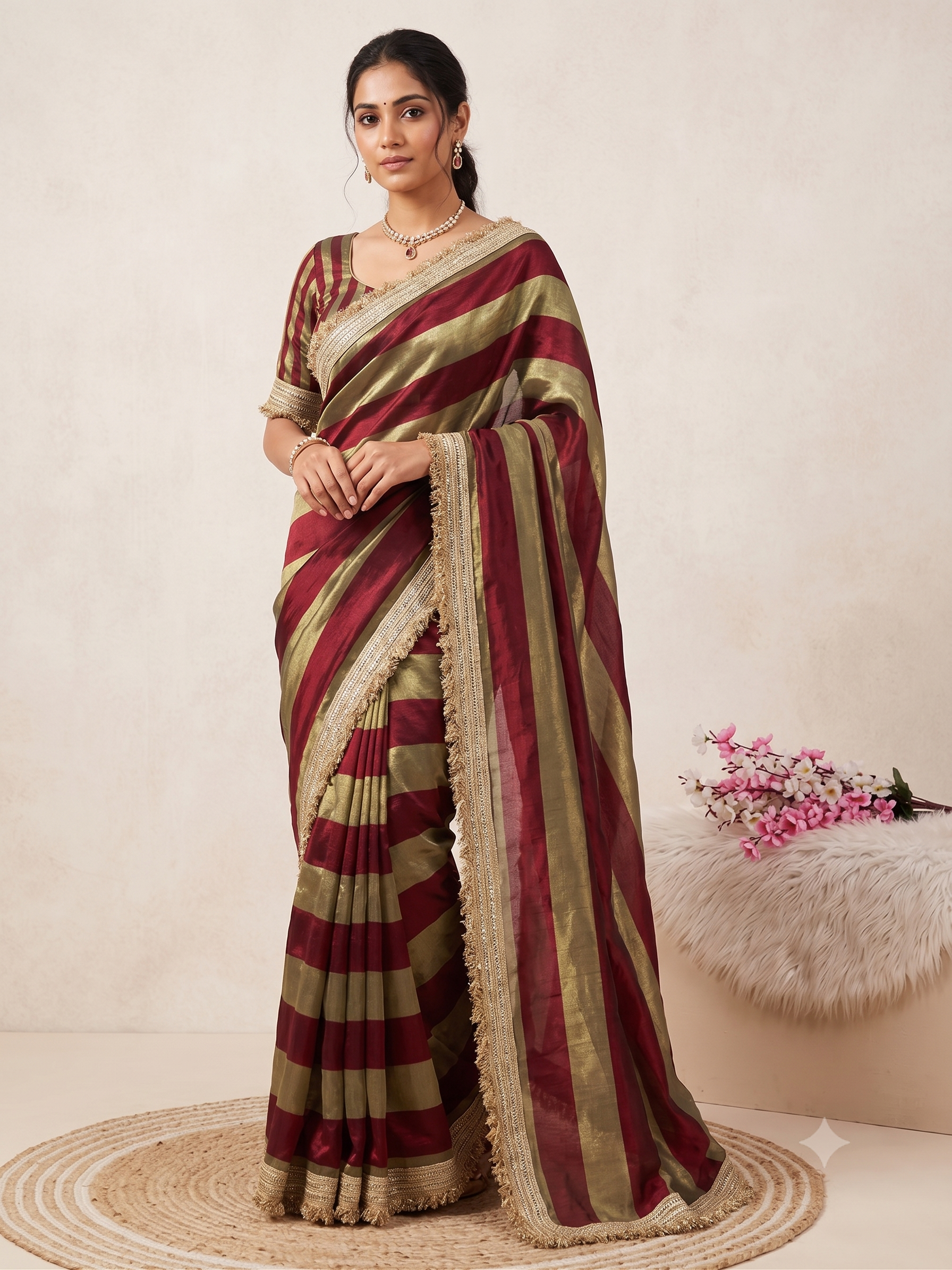 Premium 9 Patta Space Silk Saree with Elegant Designer Lace Border & Matching Space Silk Blouse