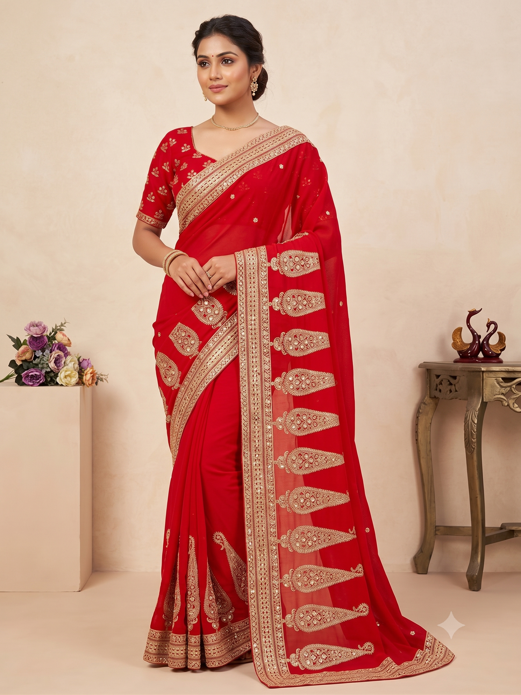 Premium Blooming Vichitra Silk Saree with Sequins & Dori Embroidery Lace Border | Designer Cording Sequins Embroidered Vichitra Silk Blouse