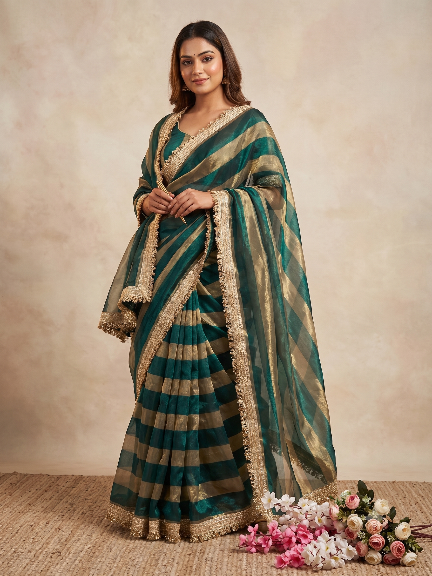 Premium 9 Patta Space Silk Saree with Elegant Designer Lace Border & Matching Space Silk Blouse