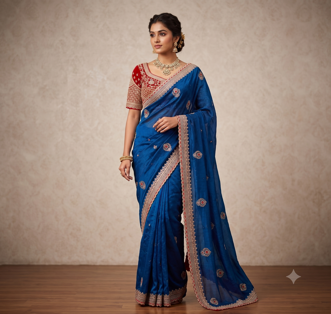 Premium Space Silk Saree with All-Over Multi Sequins & Thread Embroidery | Heavy Designer Contrast Stitched Blouse (Fits 38–42)