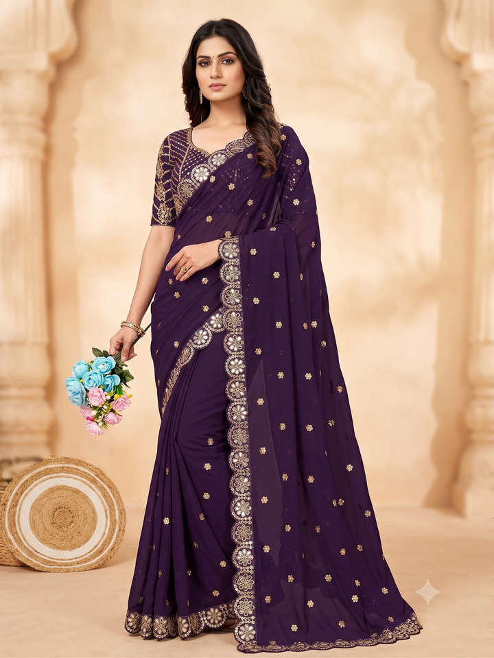 Premium Faux Georgette Saree with Original Mirror Work, Coding Lace Border & Heavy Embroidered Blouse