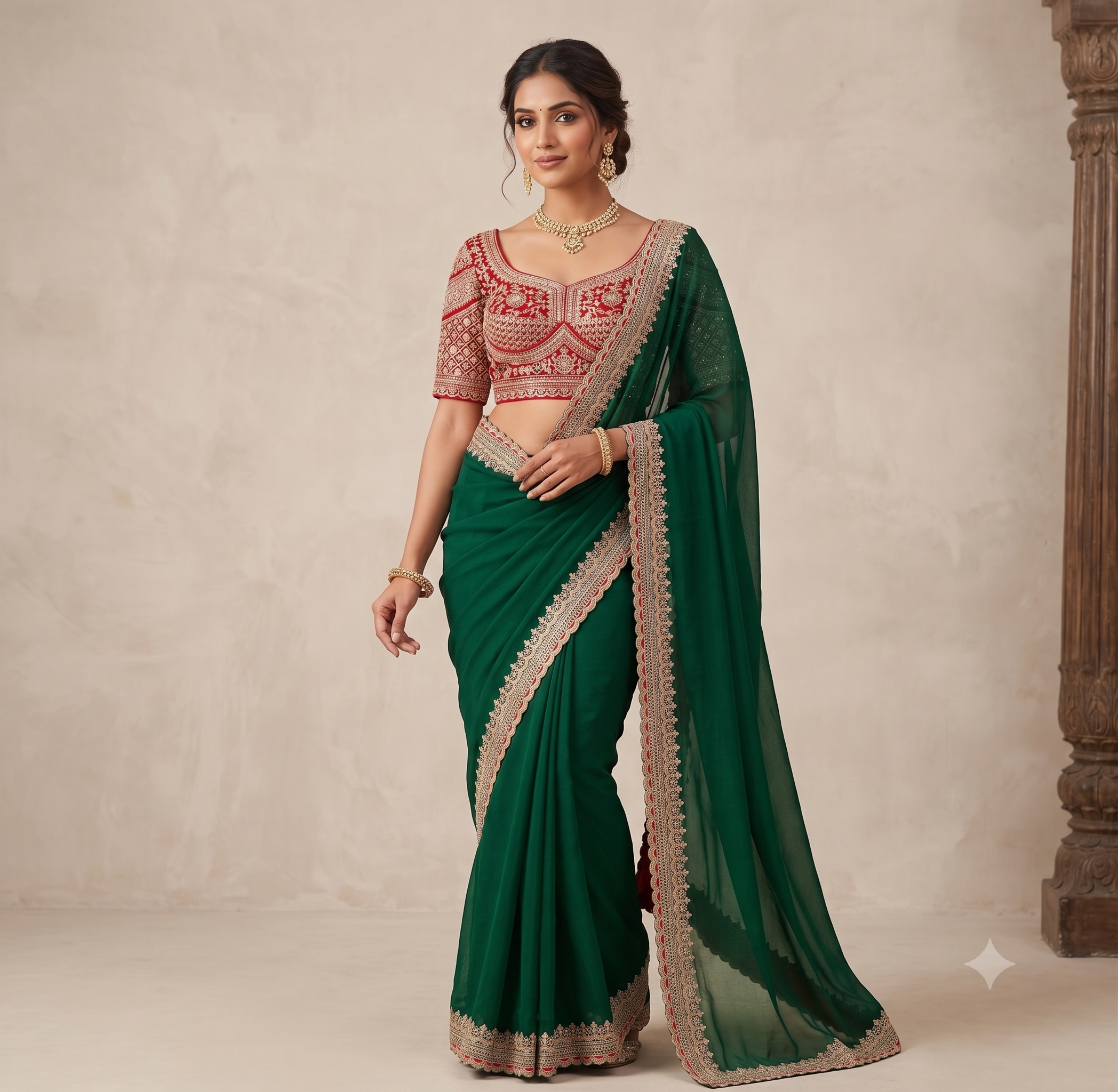 Premium Space Silk Saree with All-Over Multi Sequins & Thread Embroidery | Heavy Designer Contrast Stitched Blouse (Fits 38–42)