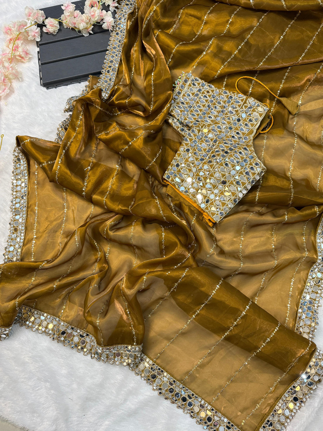 Premium Zimmy Cho Silk Saree with Heavy 5MM Sequins & Mirror Work