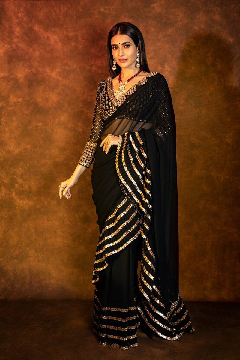 Premium Black Faux Georgette Saree with 5MM Sequins & Mirror Lace