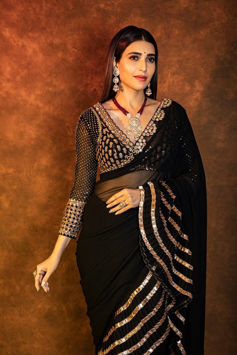 Premium Black Faux Georgette Saree with 5MM Sequins & Mirror Lace