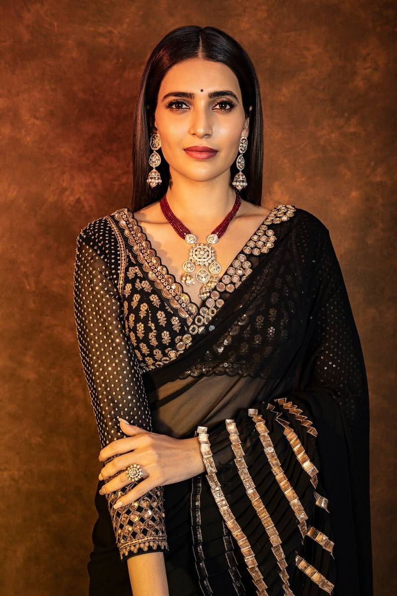 Premium Black Faux Georgette Saree with 5MM Sequins & Mirror Lace