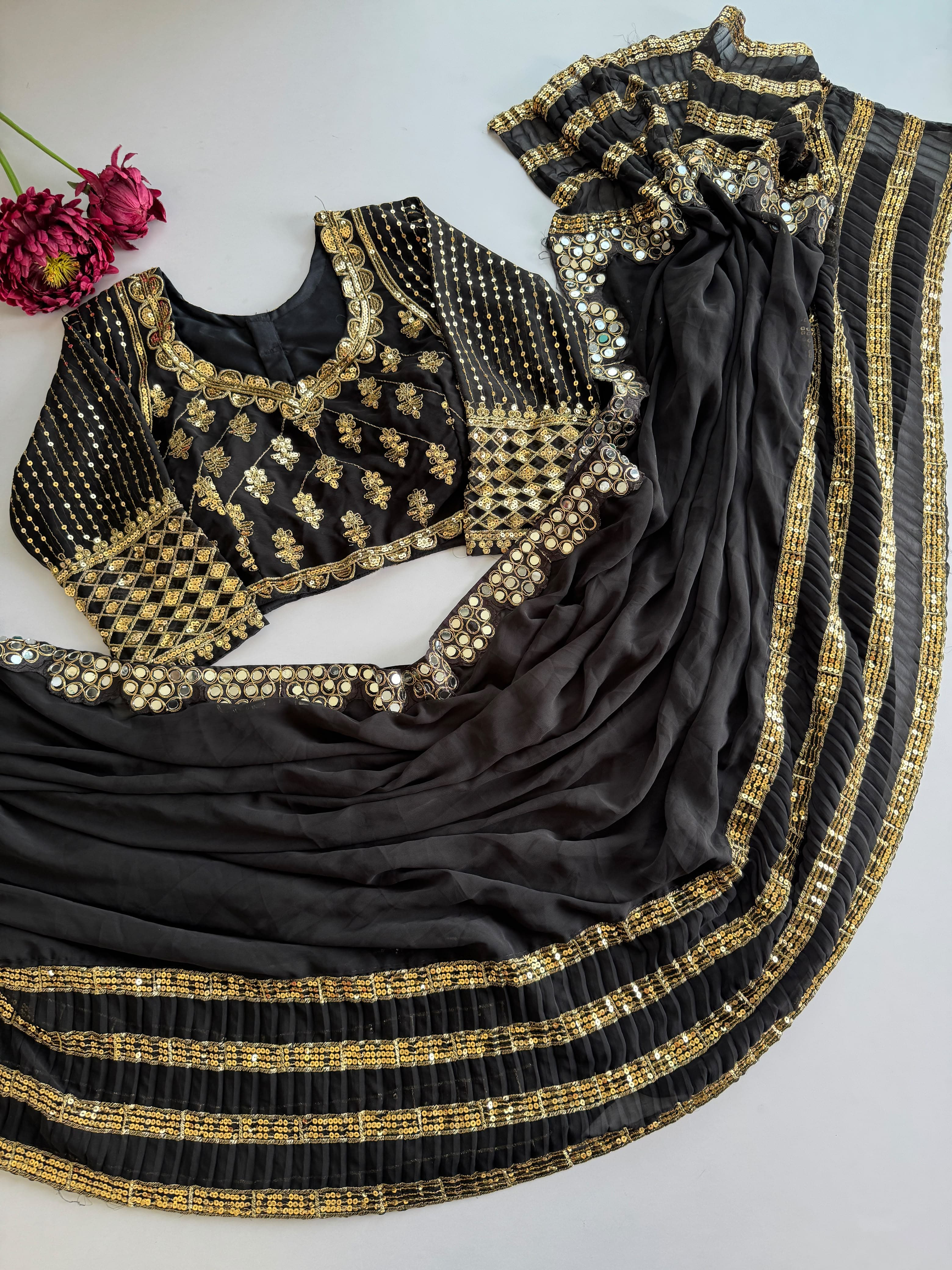 Premium Black Faux Georgette Saree with 5MM Sequins & Mirror Lace