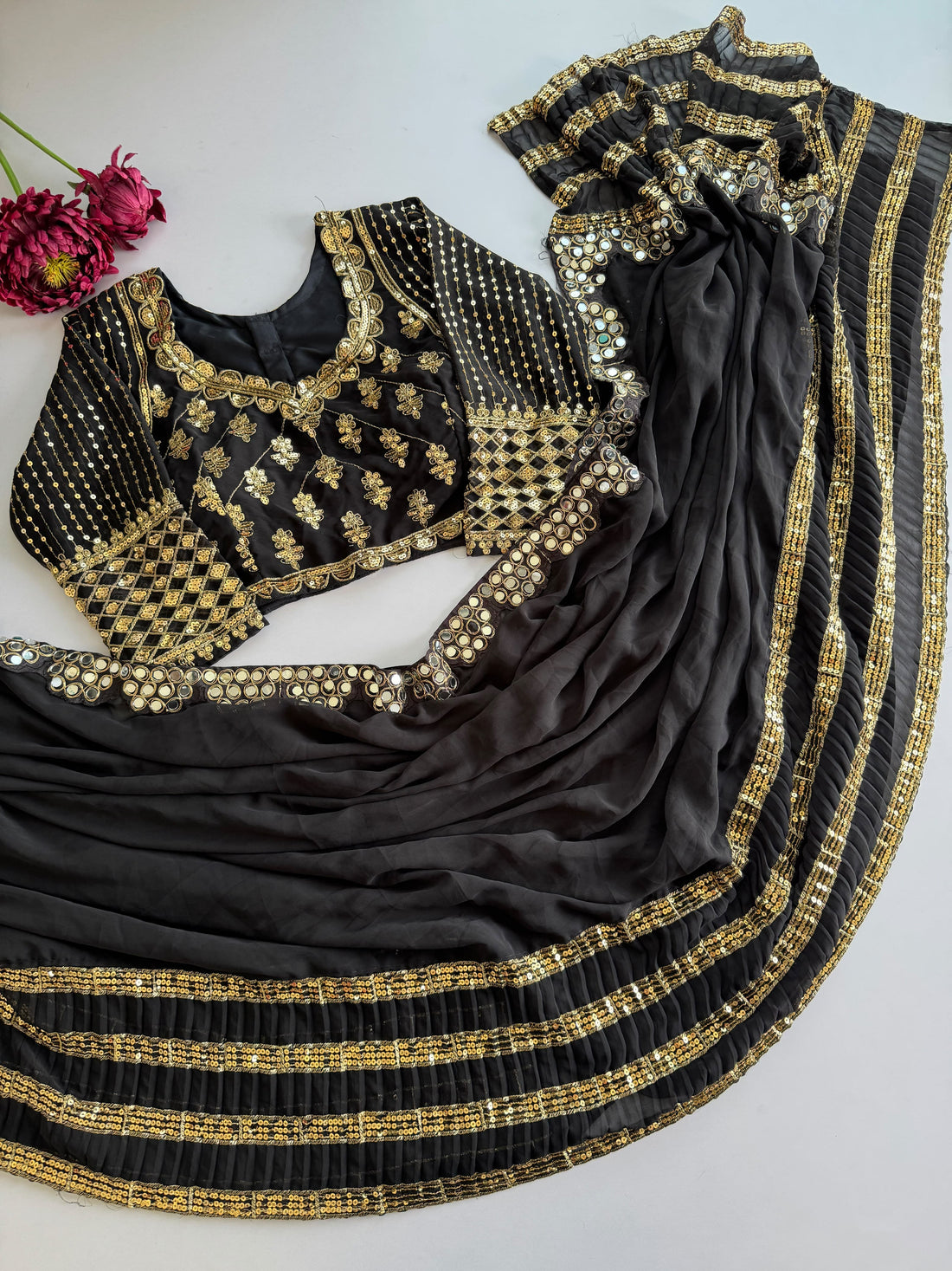 Premium Black Faux Georgette Saree with 5MM Sequins & Mirror Lace