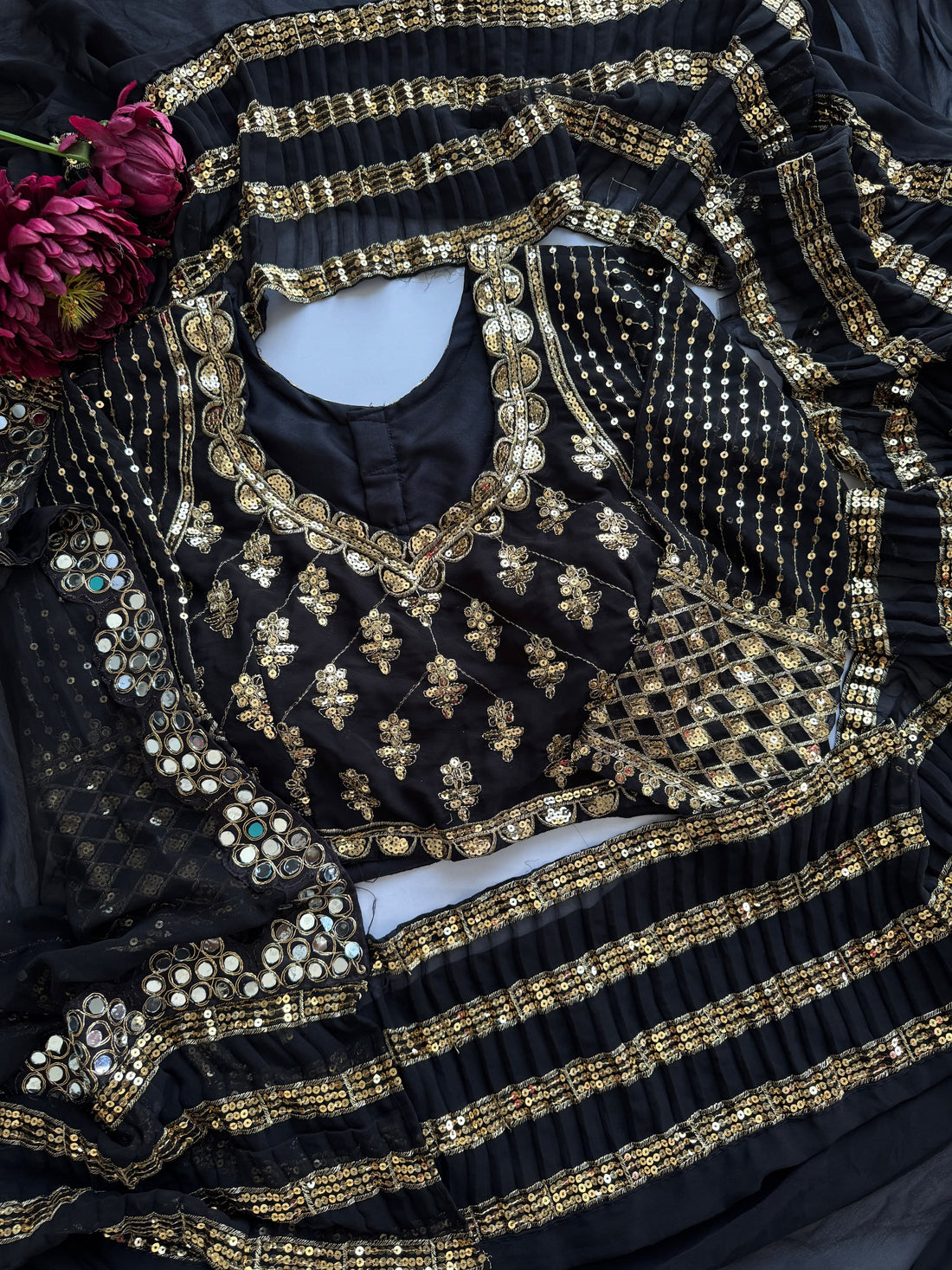 Premium Black Faux Georgette Saree with 5MM Sequins & Mirror Lace