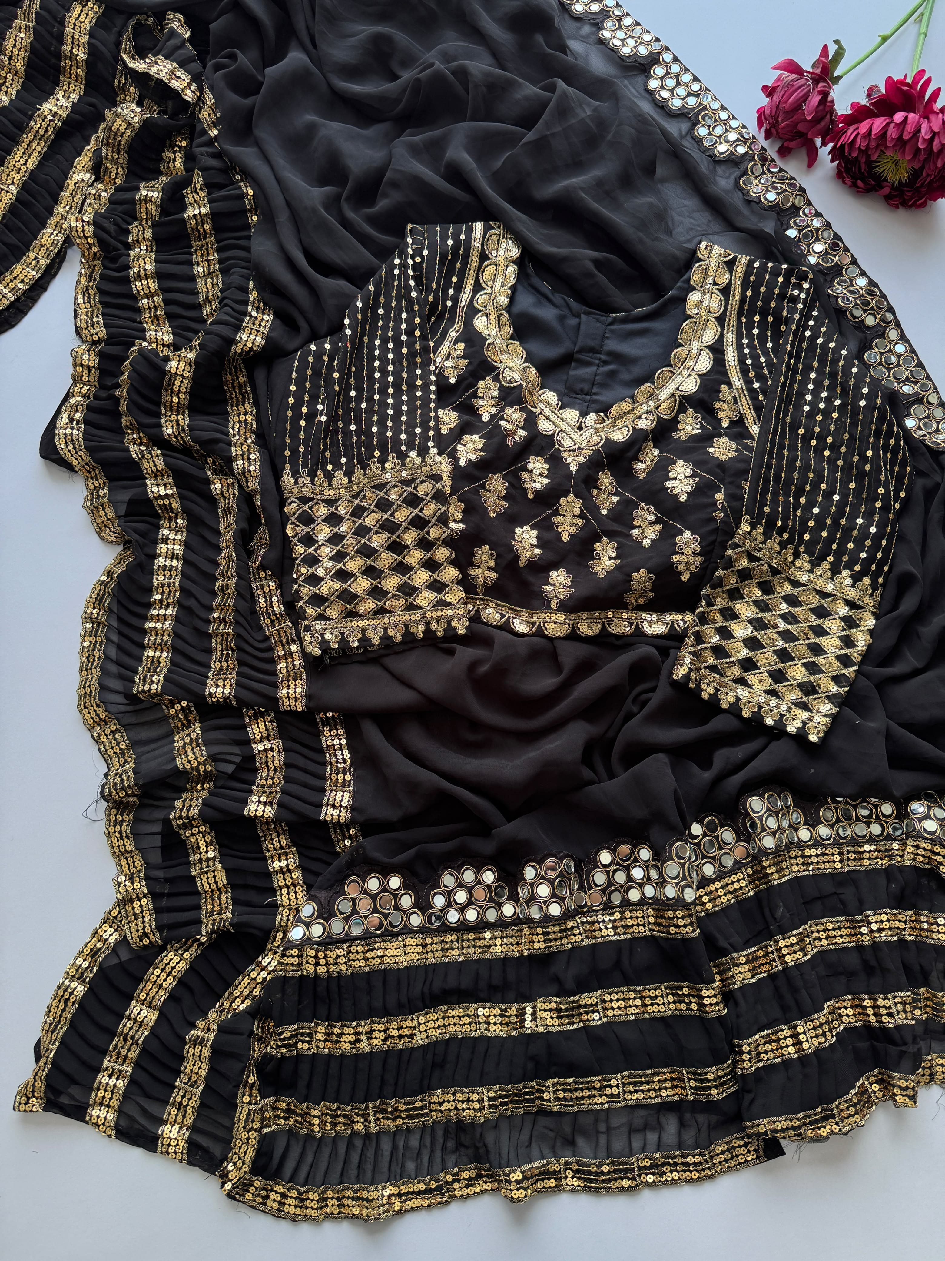 Premium Black Faux Georgette Saree with 5MM Sequins & Mirror Lace