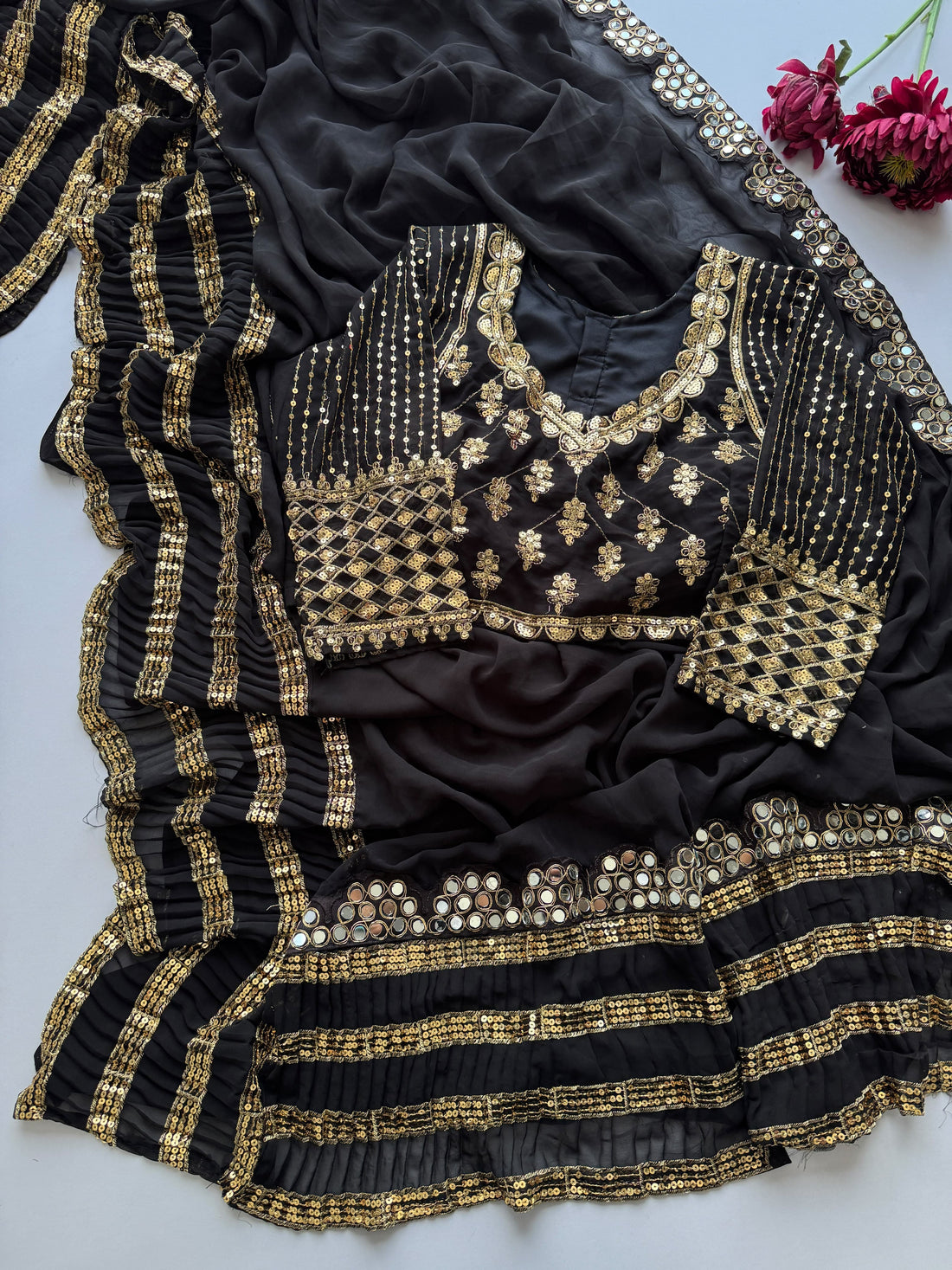 Premium Black Faux Georgette Saree with 5MM Sequins & Mirror Lace