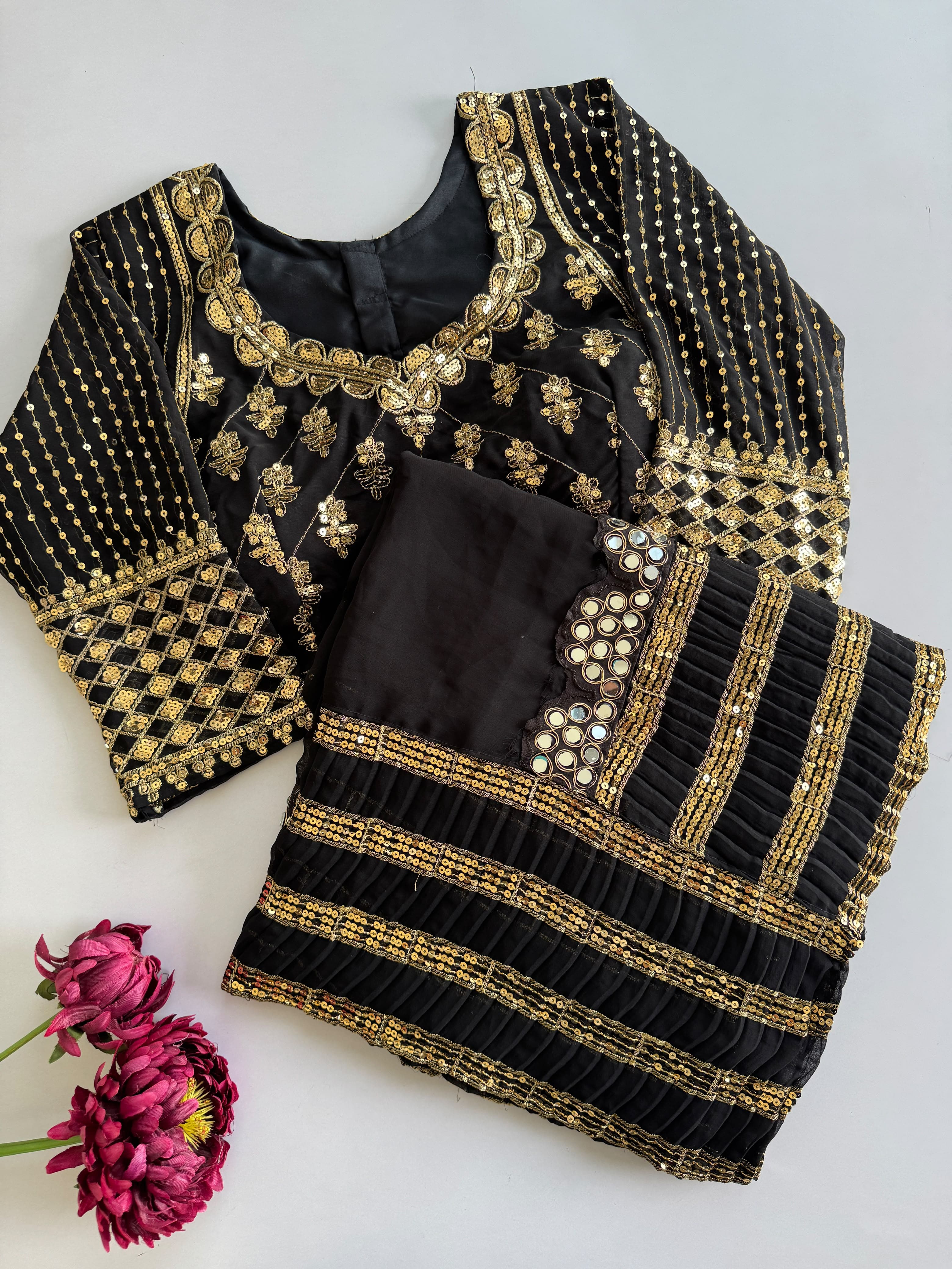 Premium Black Faux Georgette Saree with 5MM Sequins & Mirror Lace