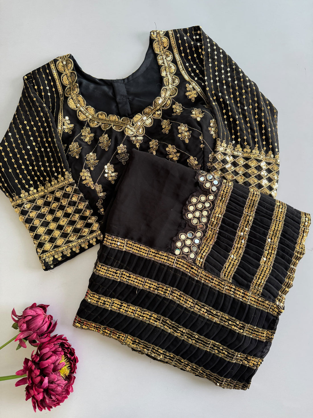 Premium Black Faux Georgette Saree with 5MM Sequins & Mirror Lace