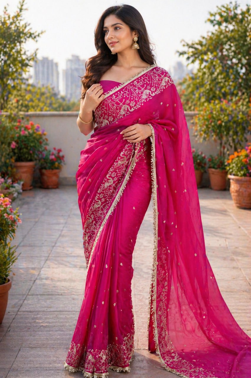 Festive Collection Star Georgette Saree with Elegant Jari Embroidery