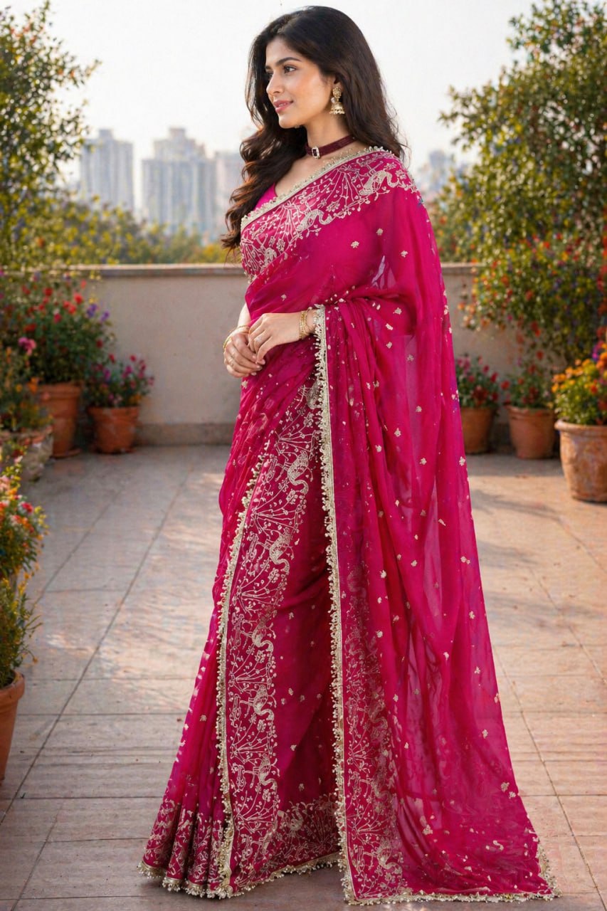 Festive Collection Star Georgette Saree with Elegant Jari Embroidery