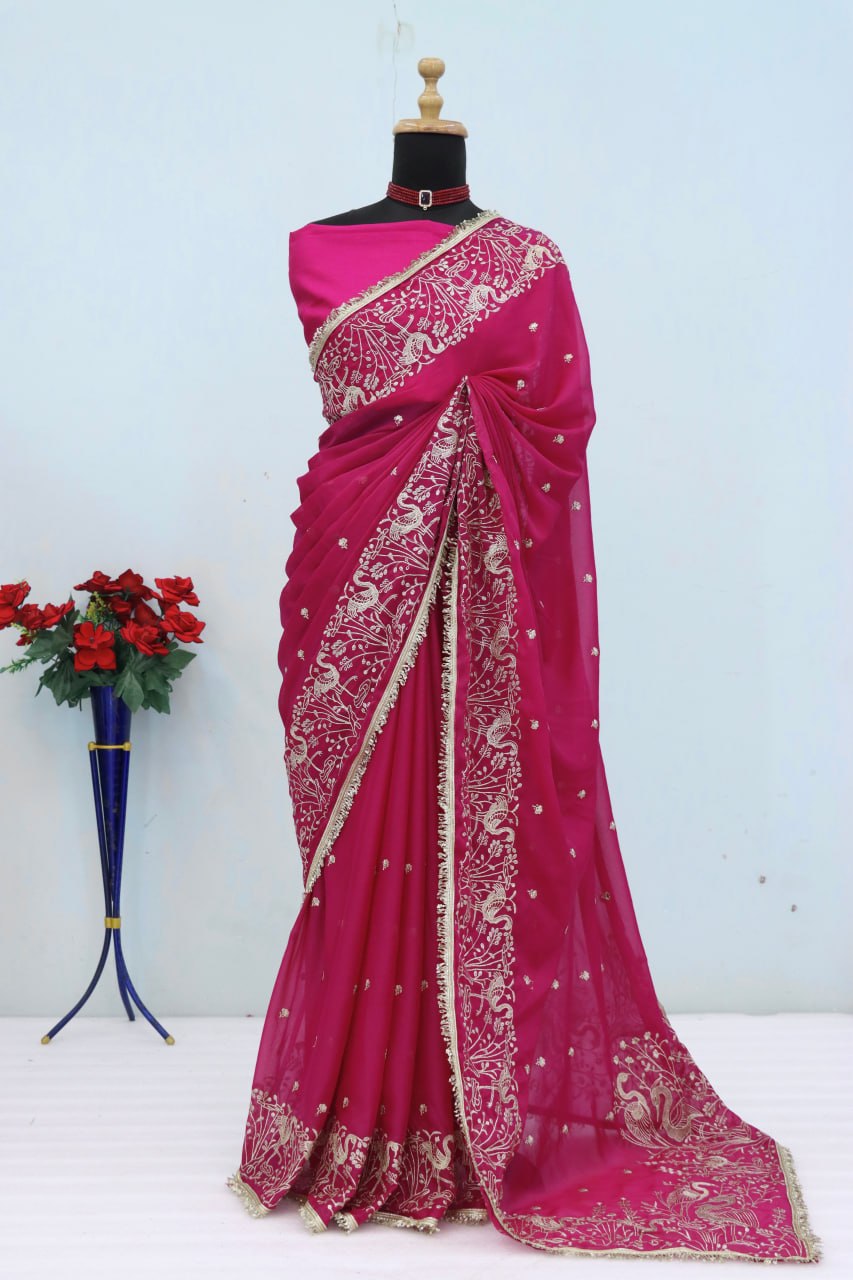 Festive Collection Star Georgette Saree with Elegant Jari Embroidery