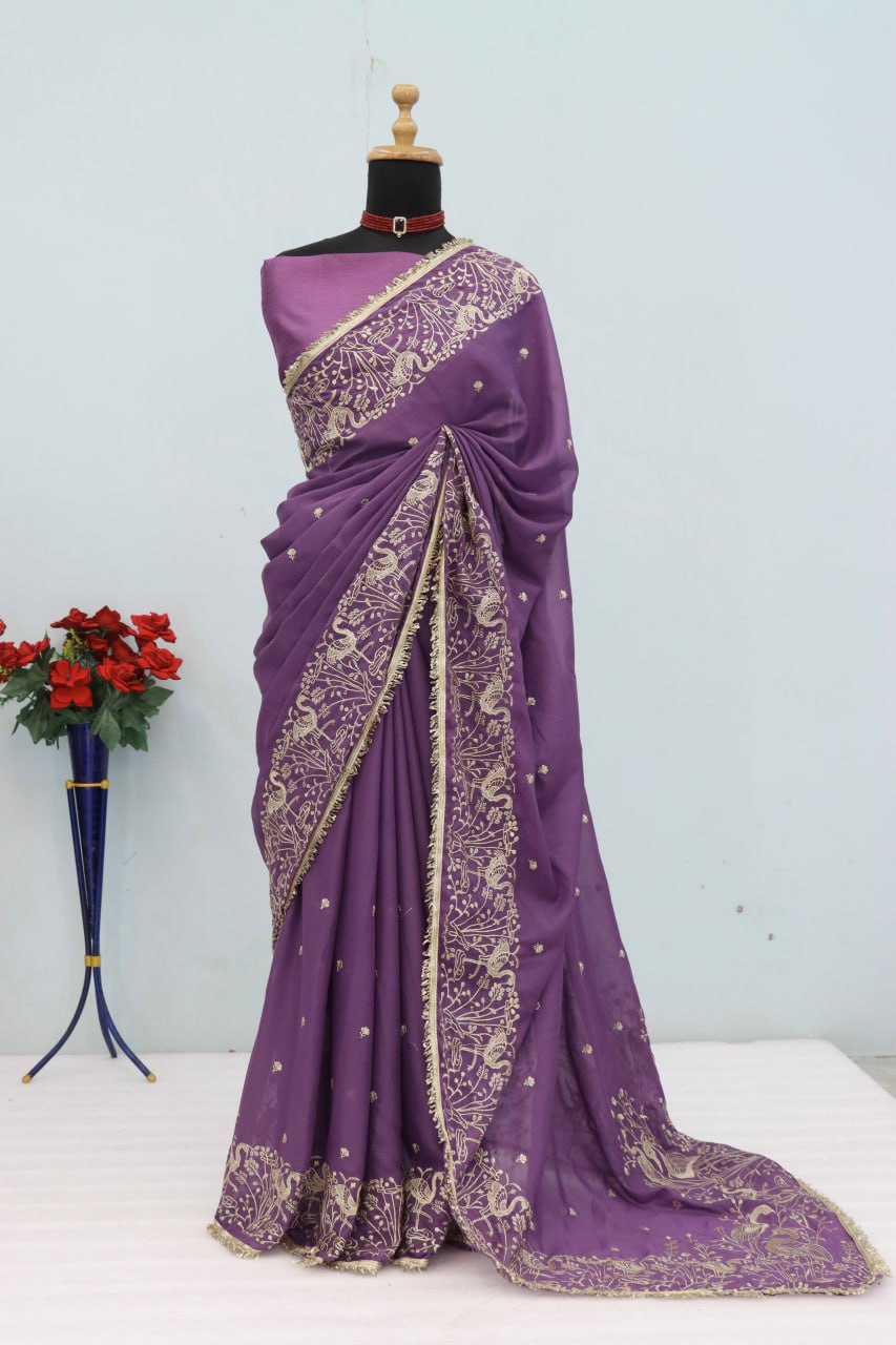 Festive Collection Star Georgette Saree with Elegant Jari Embroidery