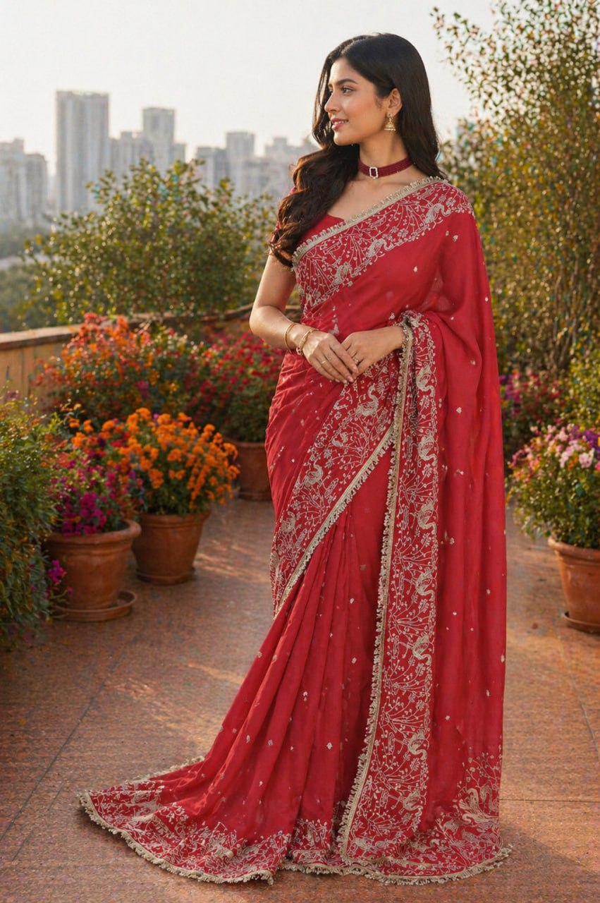 Festive Collection Star Georgette Saree with Elegant Jari Embroidery