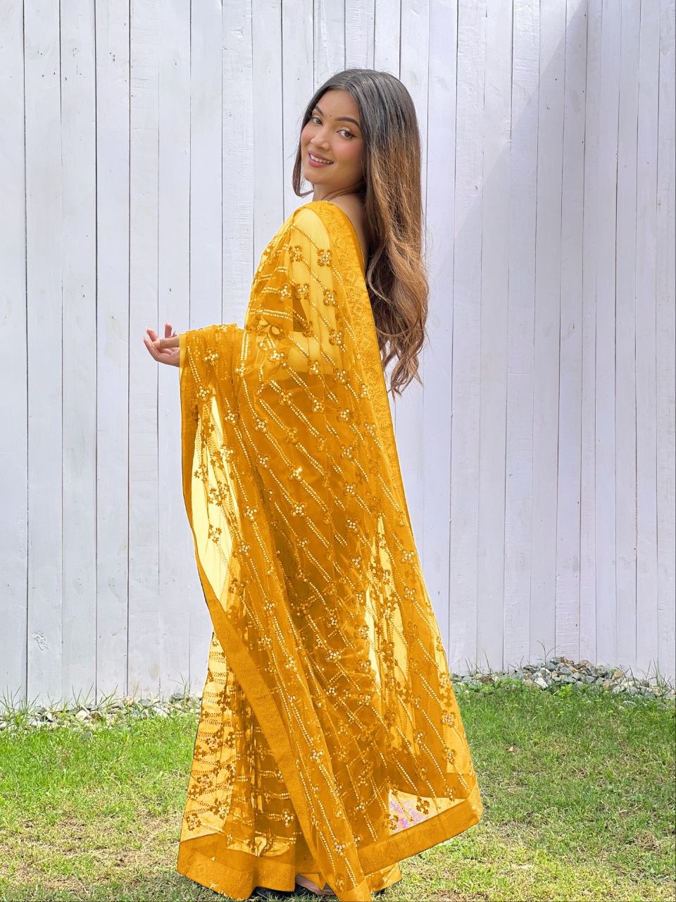 Heavy Butterfly Net Saree with Multy Thread Sequence Embroidery & Fancy Diamond Border