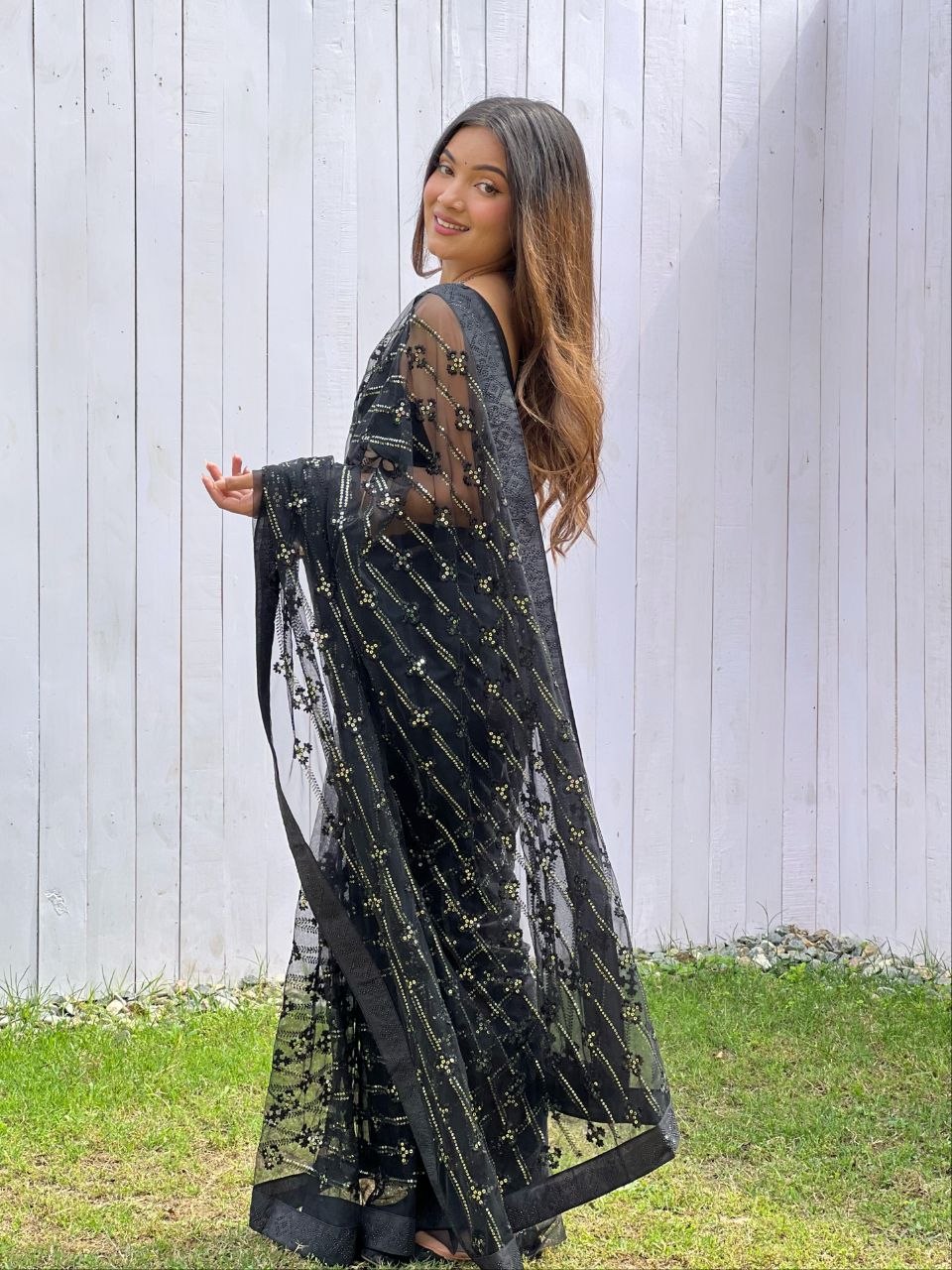 Heavy Butterfly Net Saree with Multy Thread Sequence Embroidery & Fancy Diamond Border