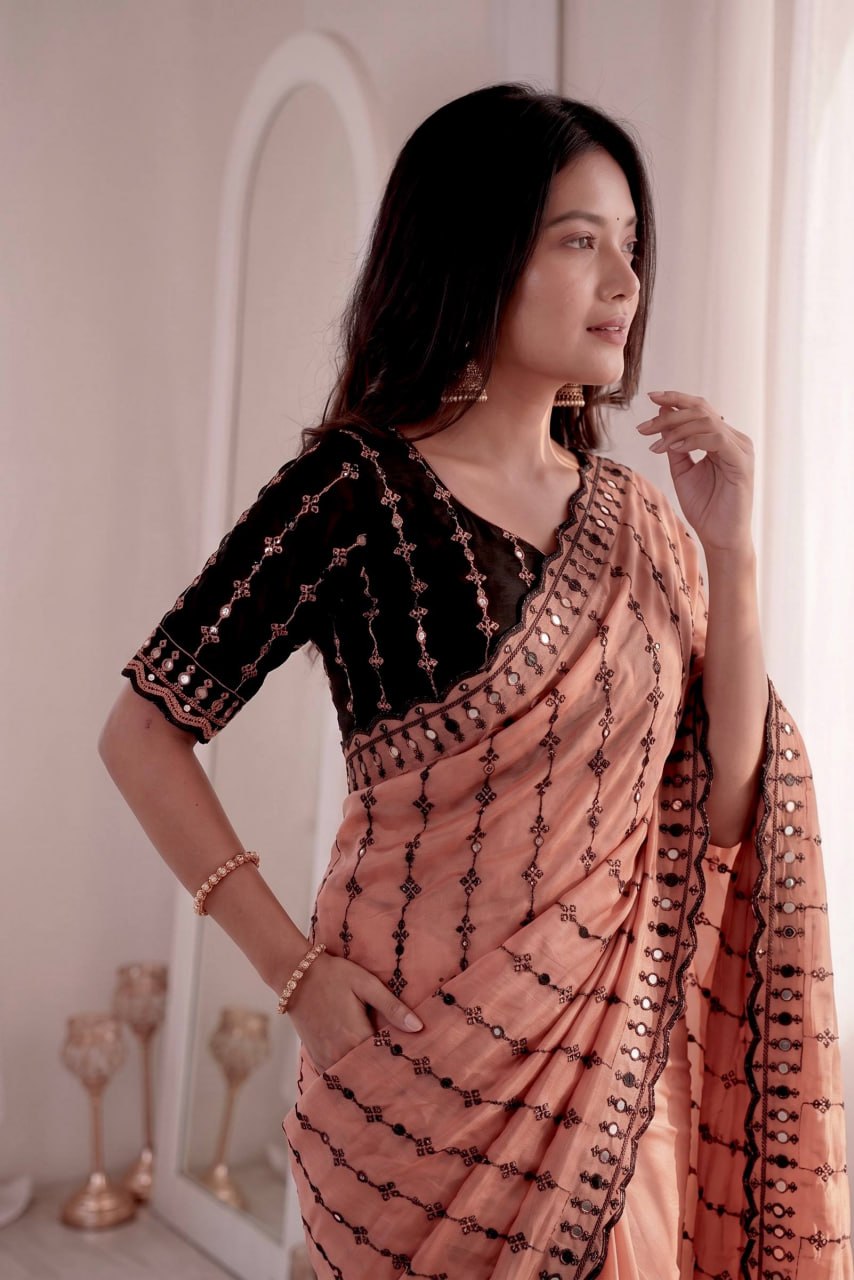 Wedding Special Viscos Rangoli Thread & Real Mirror Work Saree