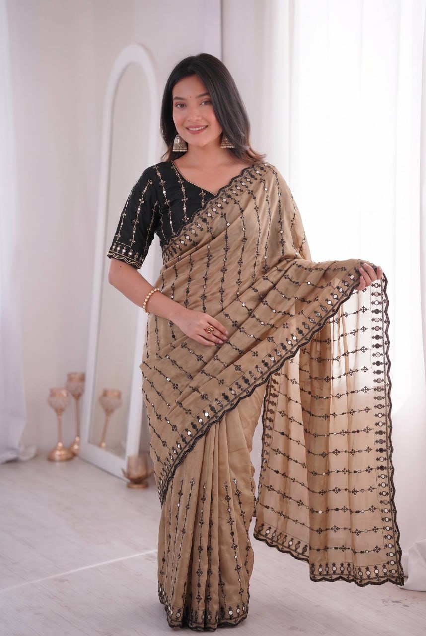 Wedding Special Viscos Rangoli Thread & Real Mirror Work Saree