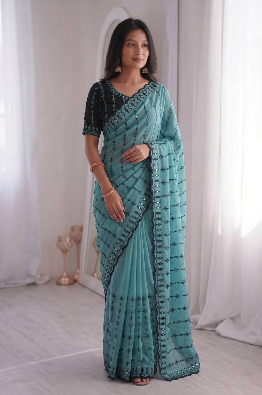 Wedding Special Viscos Rangoli Thread & Real Mirror Work Saree