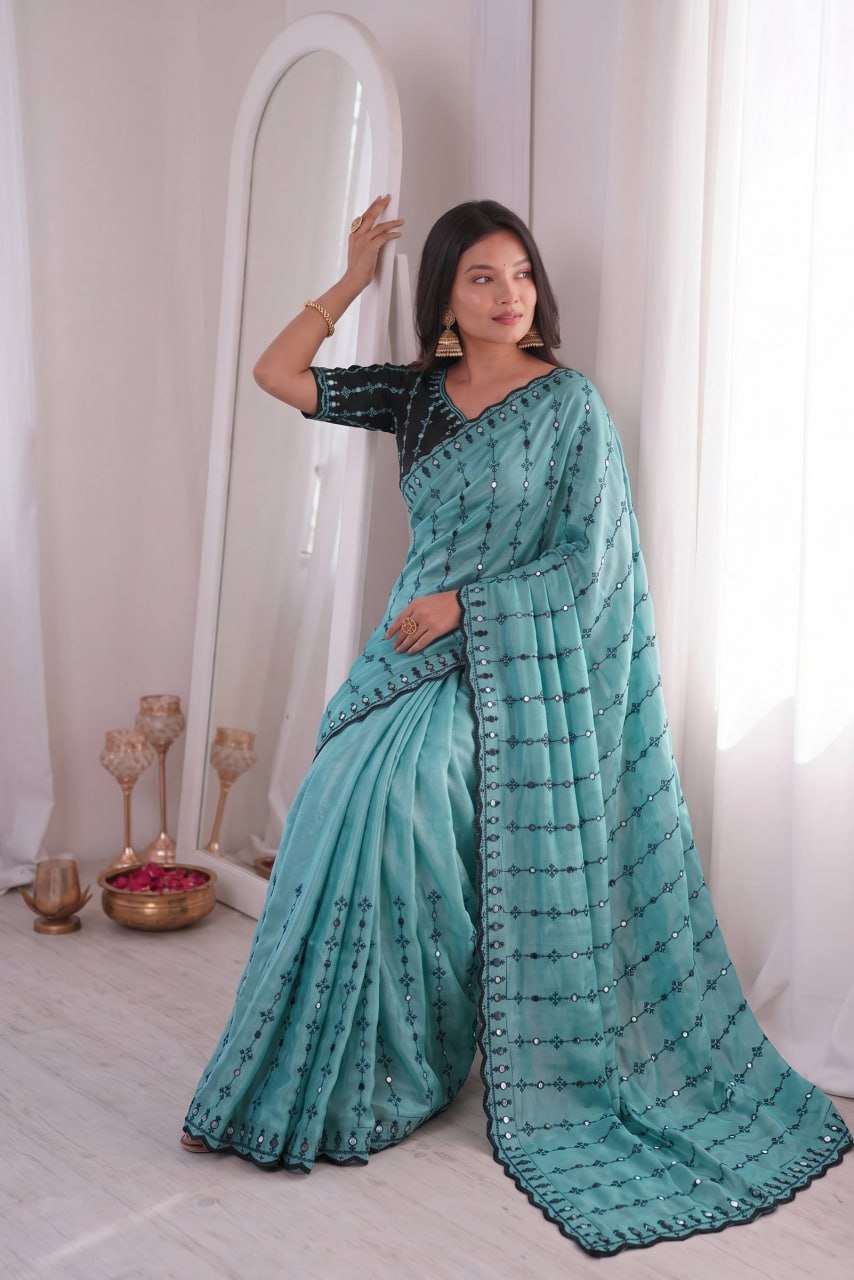 Wedding Special Viscos Rangoli Thread & Real Mirror Work Saree