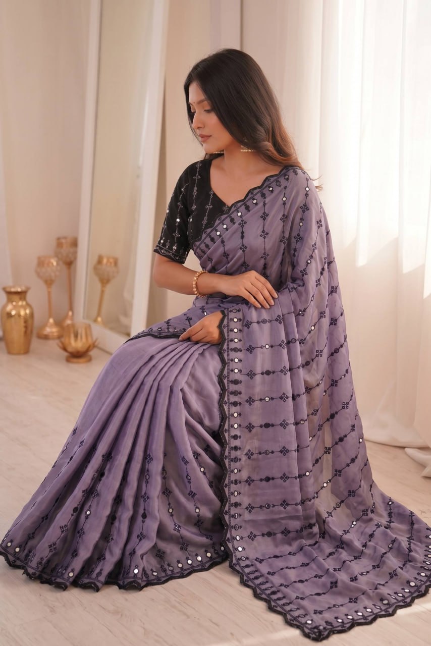 Wedding Special Viscos Rangoli Thread & Real Mirror Work Saree