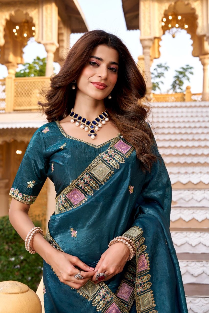Imperial Gold Crush Silk Multicolor Threadwork Saree