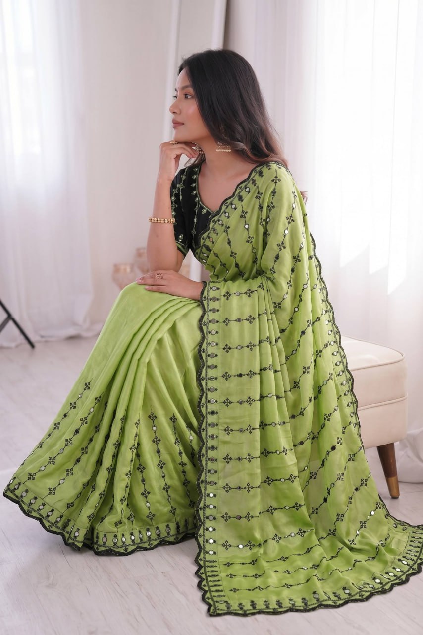 Wedding Special Viscos Rangoli Thread & Real Mirror Work Saree