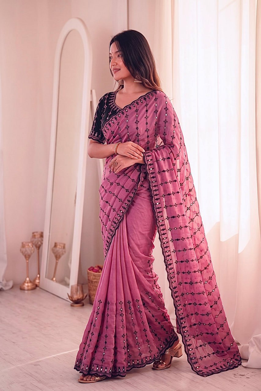 Wedding Special Viscos Rangoli Thread & Real Mirror Work Saree