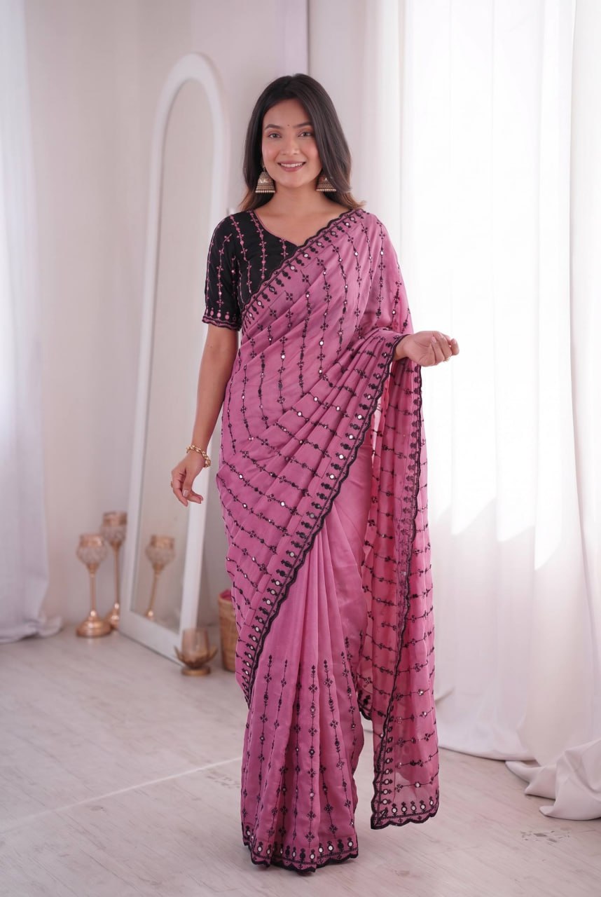 Wedding Special Viscos Rangoli Thread & Real Mirror Work Saree