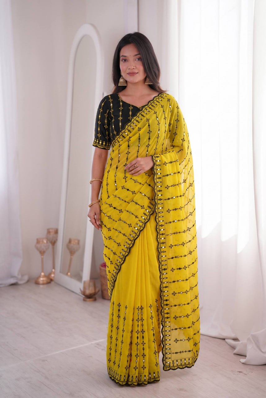 Wedding Special Viscos Rangoli Thread & Real Mirror Work Saree