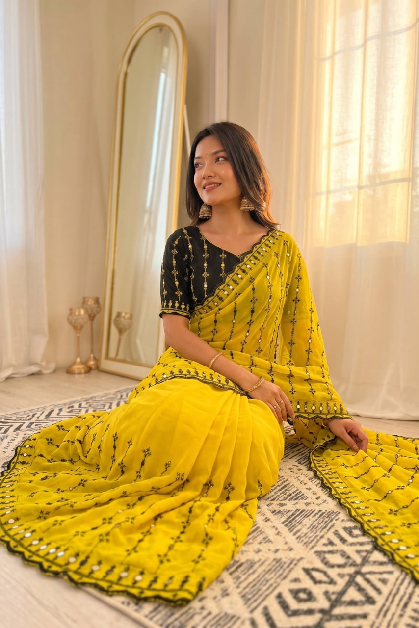 Wedding Special Viscos Rangoli Thread & Real Mirror Work Saree