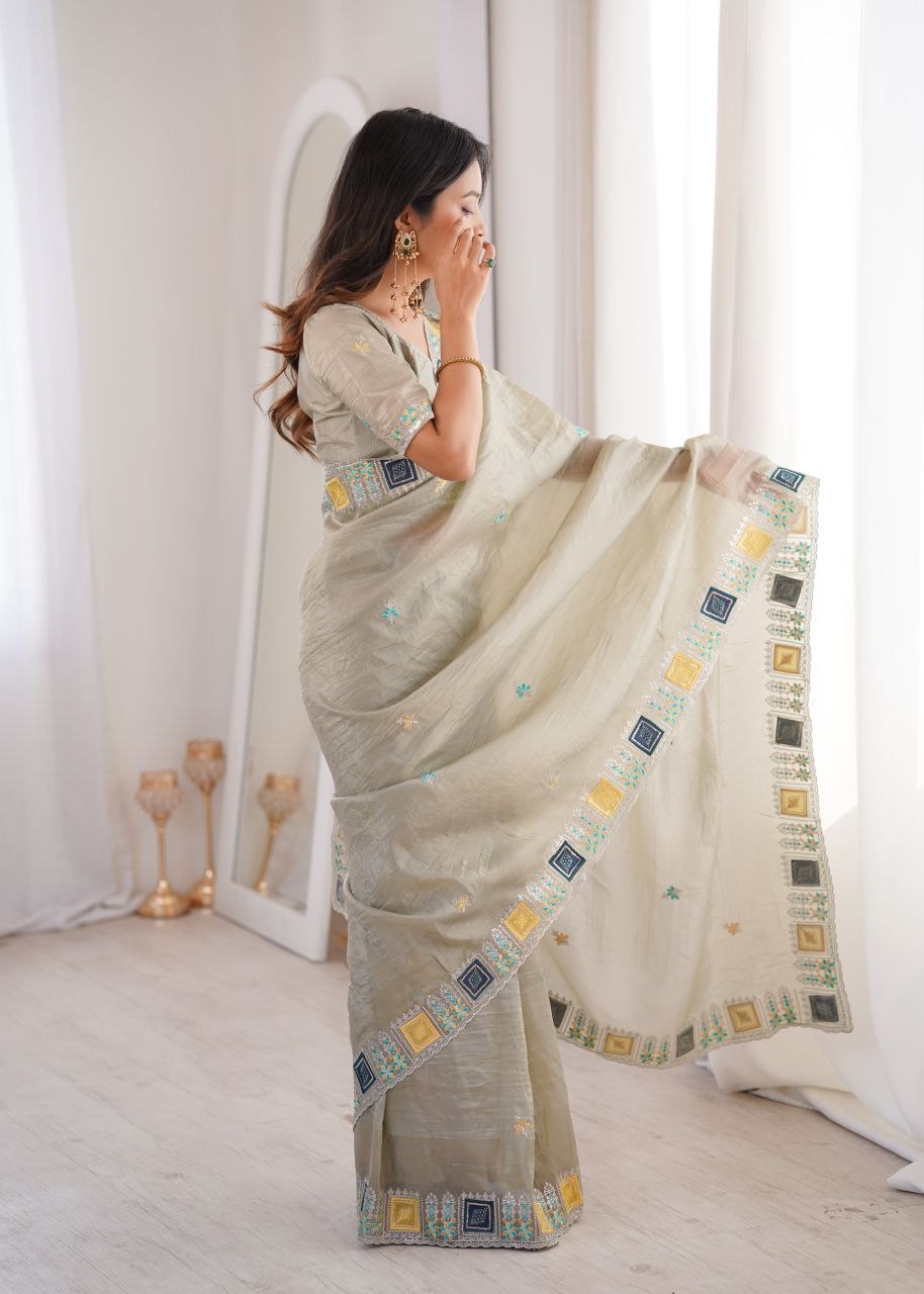 Imperial Gold Crush Silk Multicolor Threadwork Saree