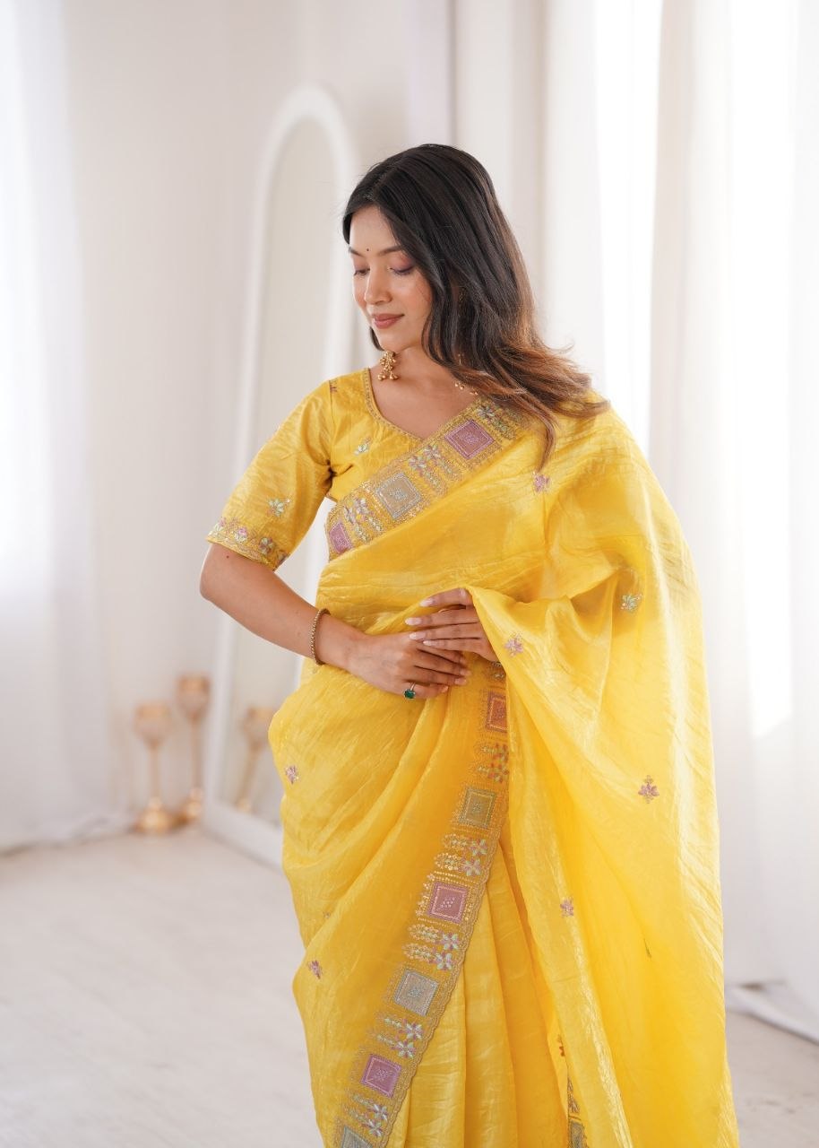 Imperial Gold Crush Silk Multicolor Threadwork Saree
