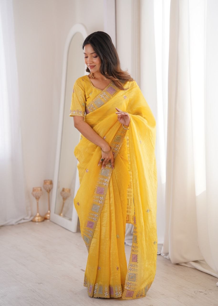 Imperial Gold Crush Silk Multicolor Threadwork Saree