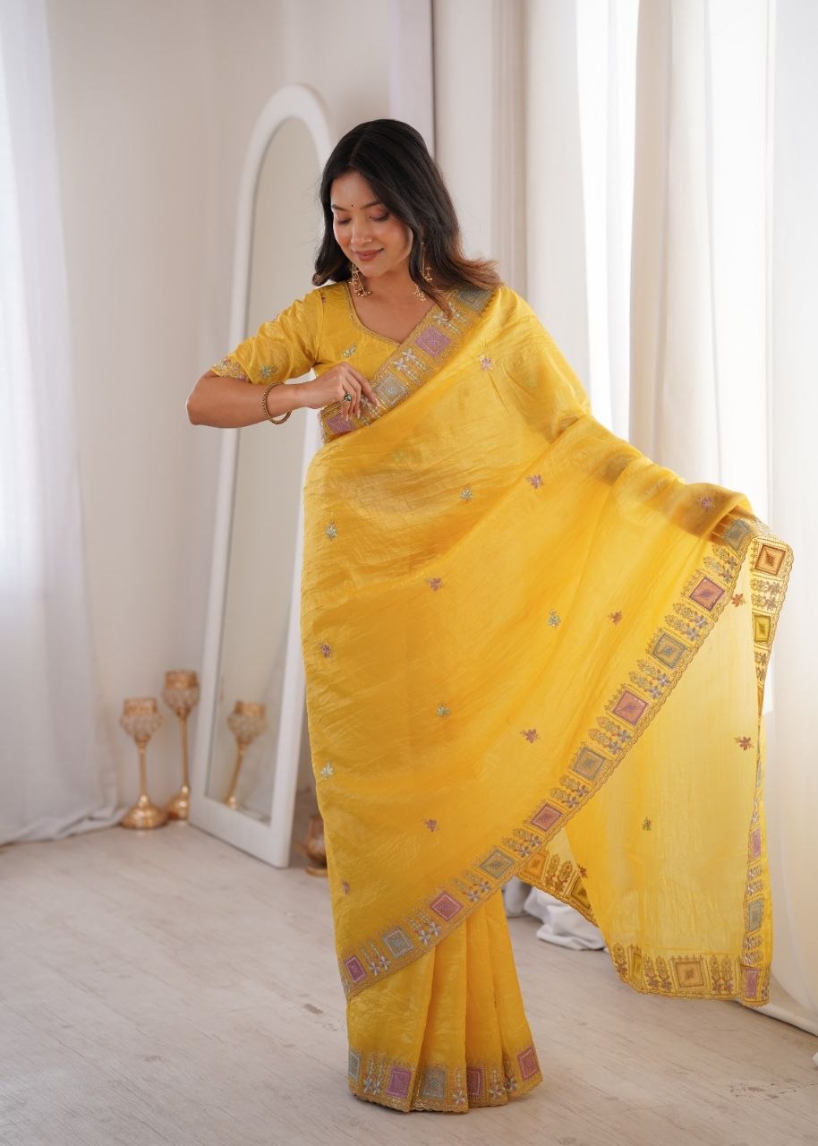 Imperial Gold Crush Silk Multicolor Threadwork Saree