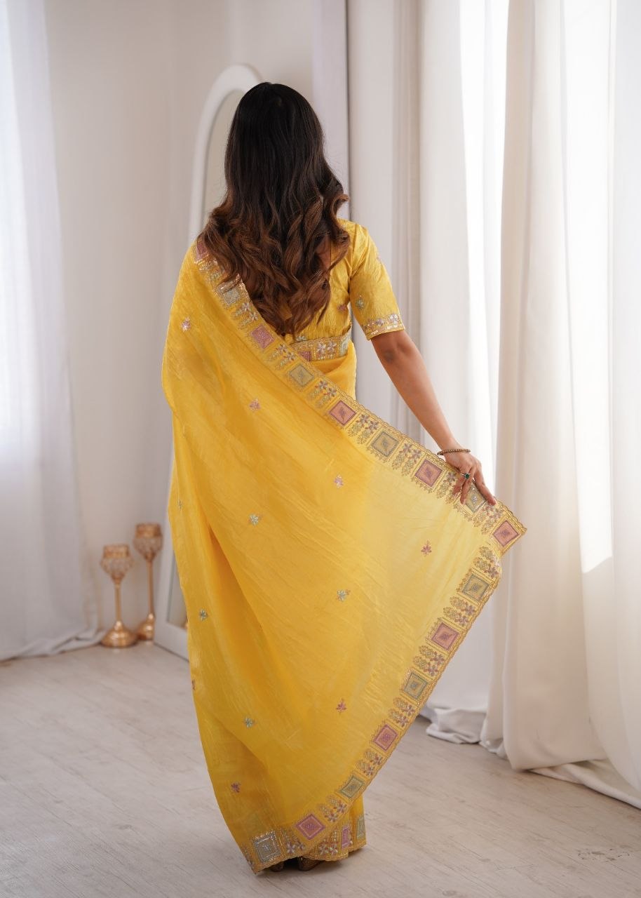 Imperial Gold Crush Silk Multicolor Threadwork Saree