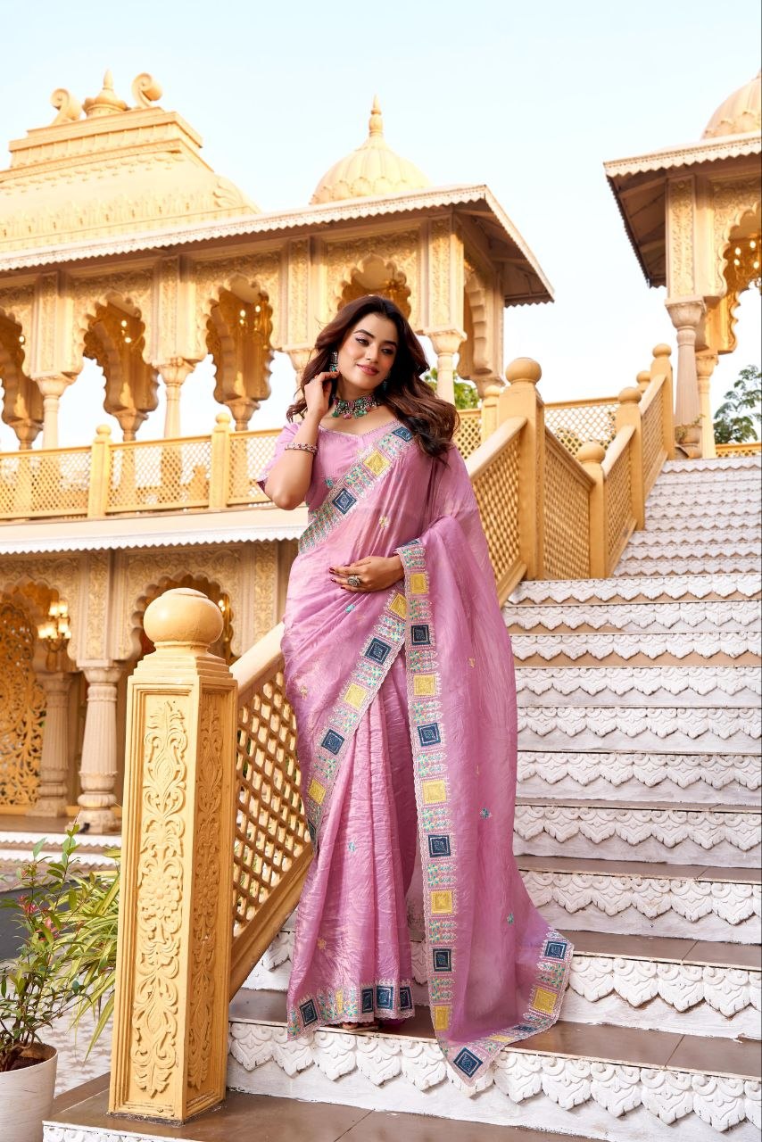 Imperial Gold Crush Silk Multicolor Threadwork Saree