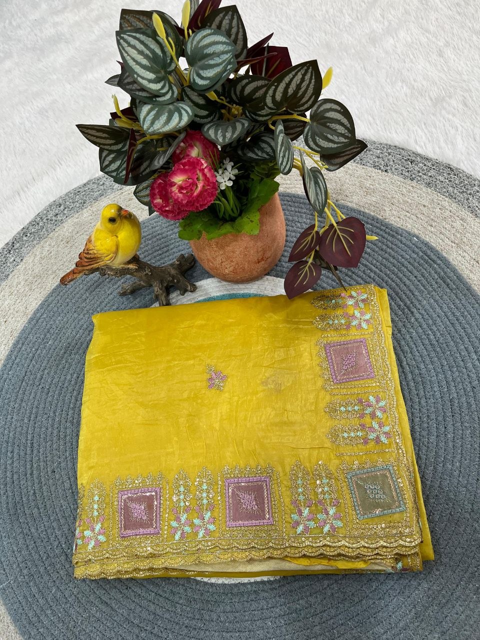 Imperial Gold Crush Silk Multicolor Threadwork Saree
