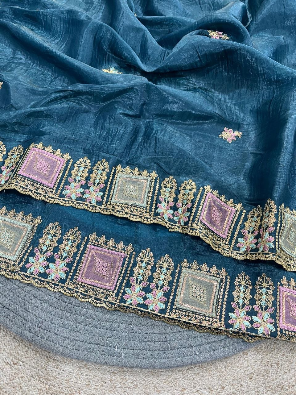 Imperial Gold Crush Silk Multicolor Threadwork Saree